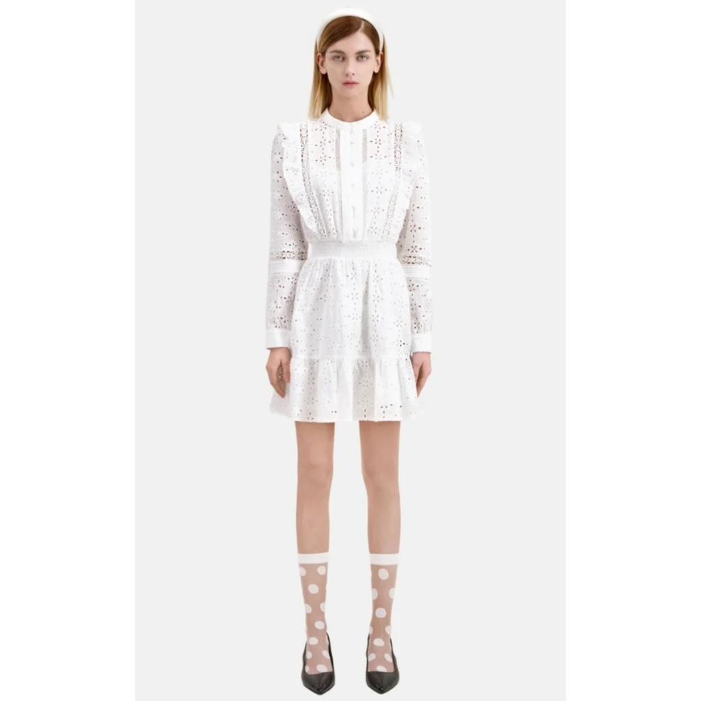 The Kooples Nwt Eyelet Embroidered Long Sleeve Mini Dress Size 1/Small In White